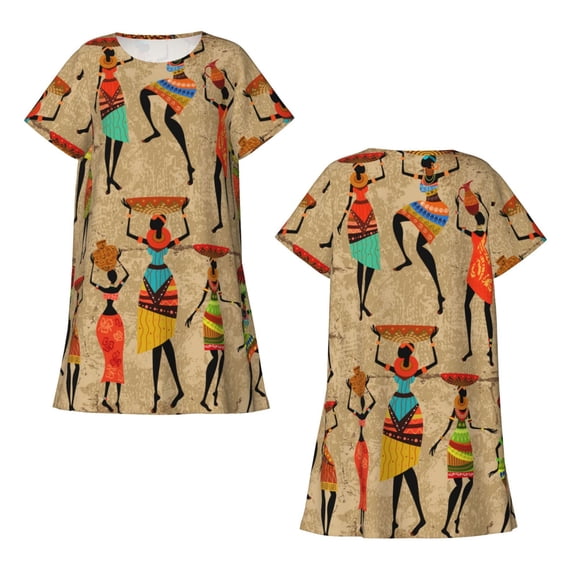 Horeoi Dancing African Women Print Women's Short-sleeved Nightdress Breathable Cotton-like Material Loose A-line Knee-length