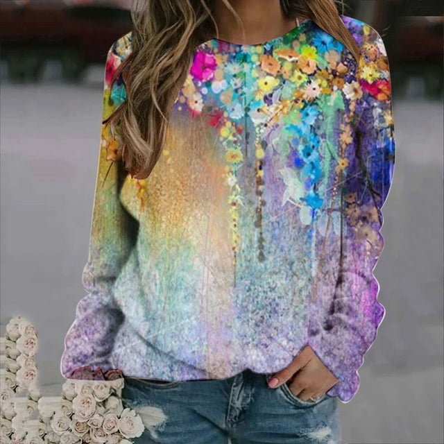 Nouveaux Hauts pour Femmes 2023 Mode Dames Chandail en Molleton à Manches Longues Col Rond Imprimé Blouse Pull-Over Coupe Décontractée Chandail en Molleton Oversize pour Femmes