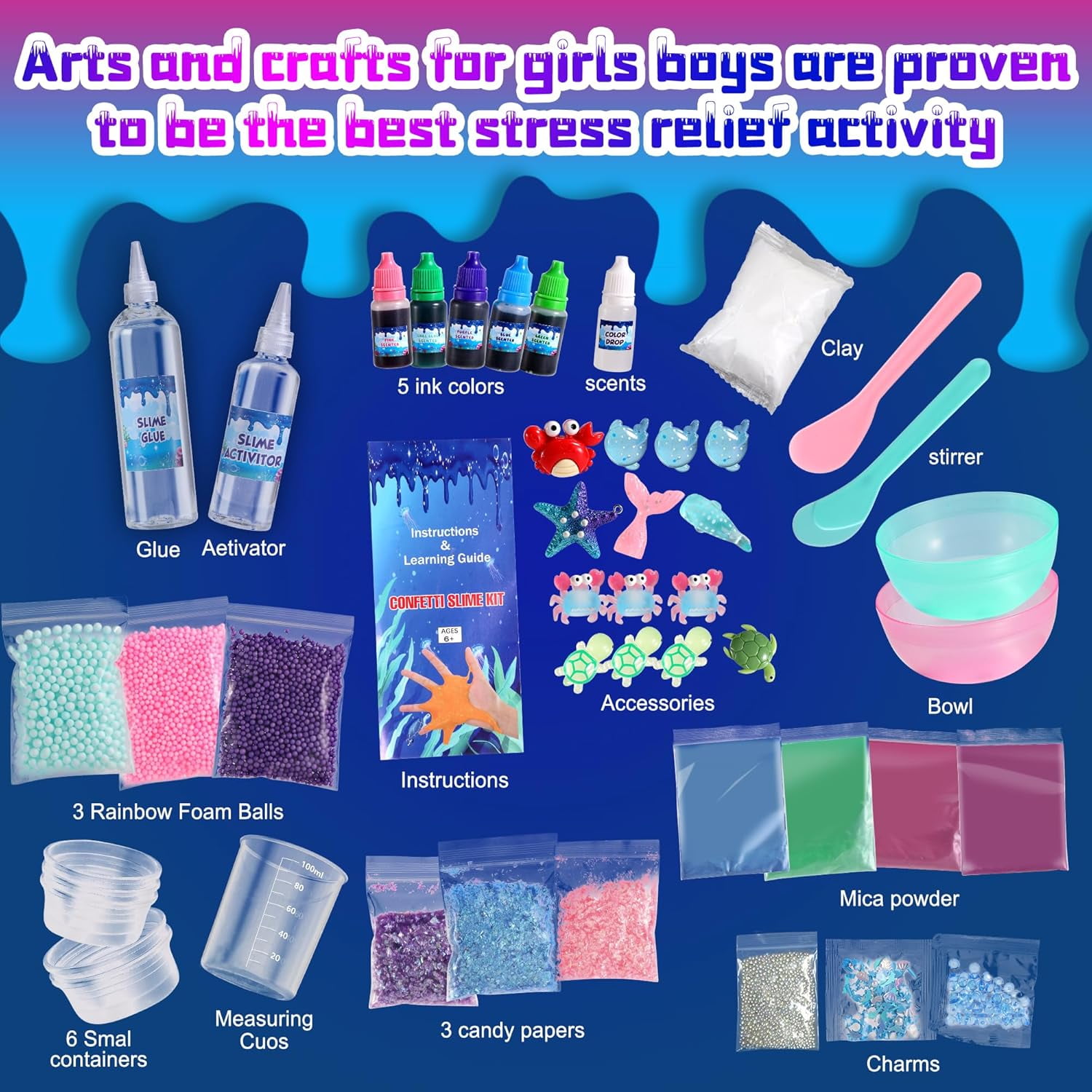 Ocean Slime Kit For Kids, Large Non-Sticky Soft Sludge And Metallic Clay Set, Sensory Fidget Toy For Boys And Girls Ages 4-12, Ocean Blue