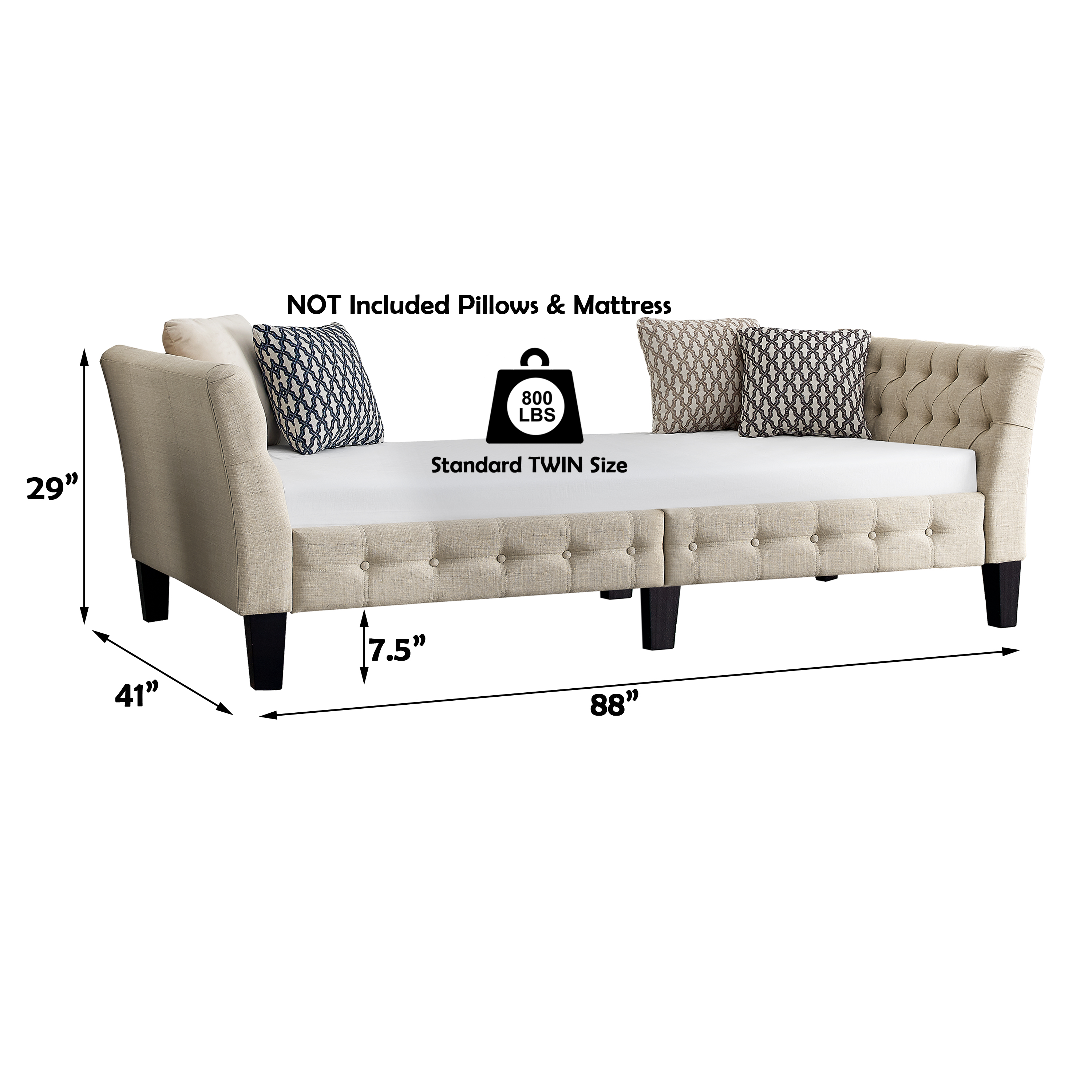 Gewnee Beige Twin Size Sofa Bed, Linen Upholstered with Solid Rubber Wood Legs for Living Room, Apartment, Guest Room