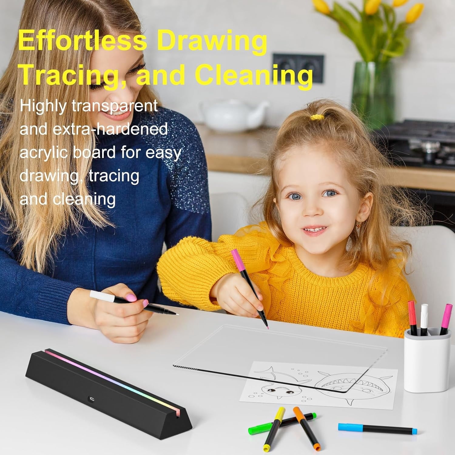 Rechargeable LED Message Board with 9 Color Changing Lights - 17 Inch Glow Writing & Drawing Board, Dry Erase Light Up Memo Board for Home, Classroom & Office Decor (Black)