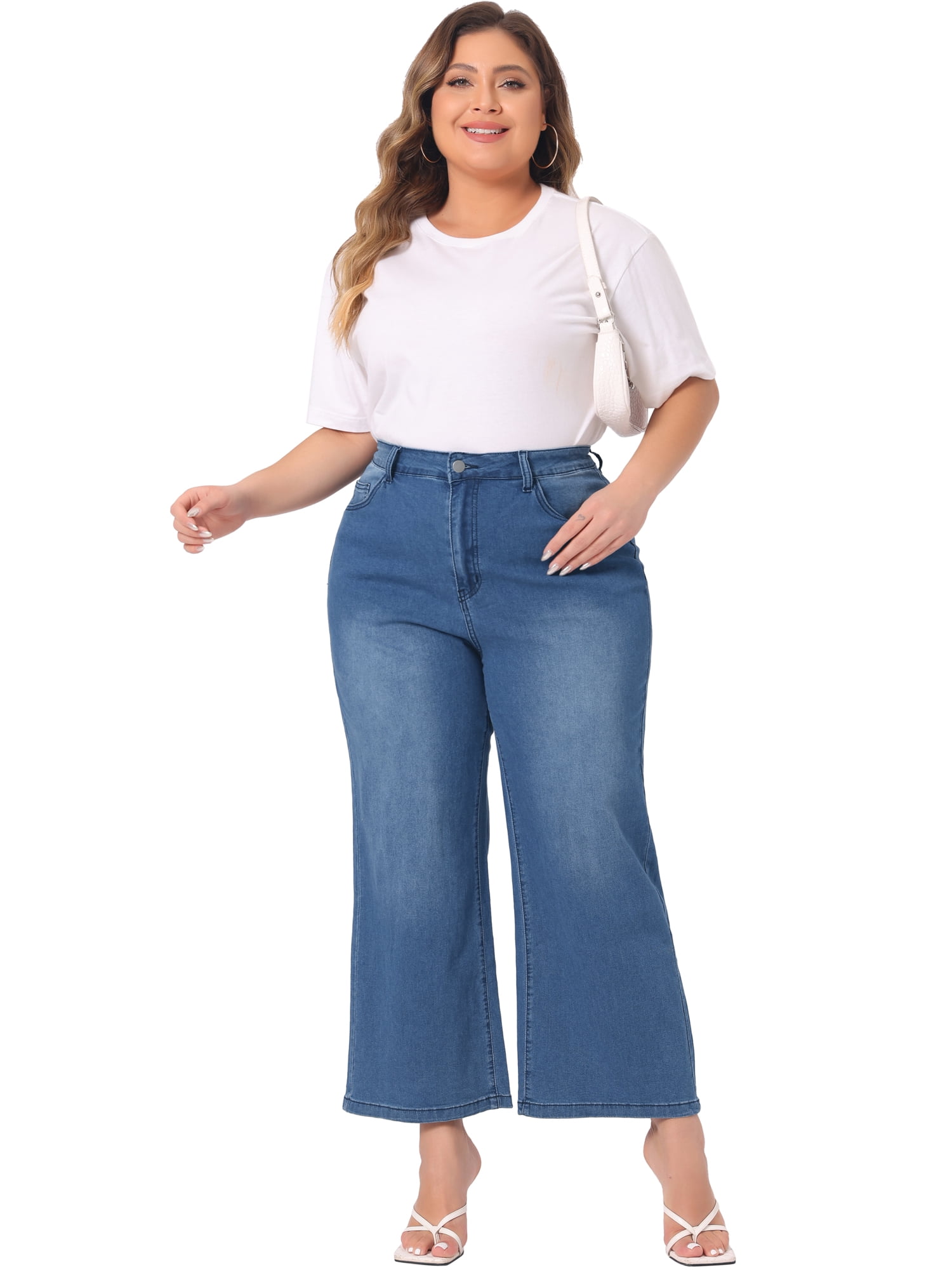 DARING DIVA Women's Plus Stretchy Washed Button Wide Leg Jeans Palazzo Pants 3X Blue
