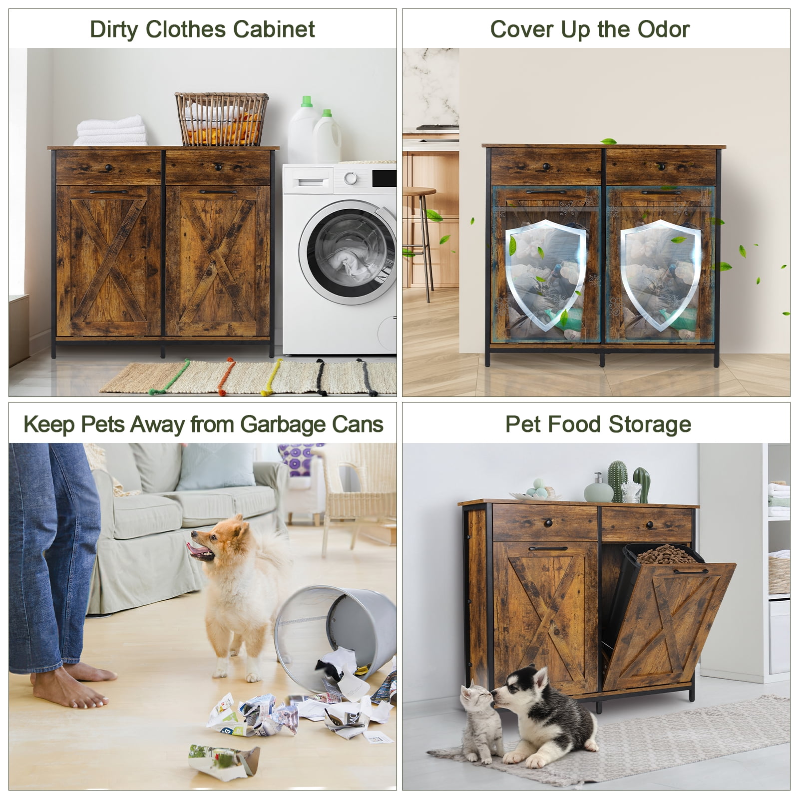 LAZY BUDDY Double Tilt Out Trash Cabinet, Wooden 20 Gallon Kitchen Garbage Can Holder Free Standing