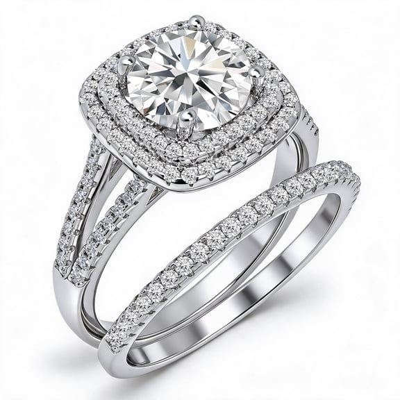 JeenMata 2.75 Carat Round Brilliant Cut Moissanite Double Halo Split Shank Engagement Ring Set in 18K White Gold Plated for Women