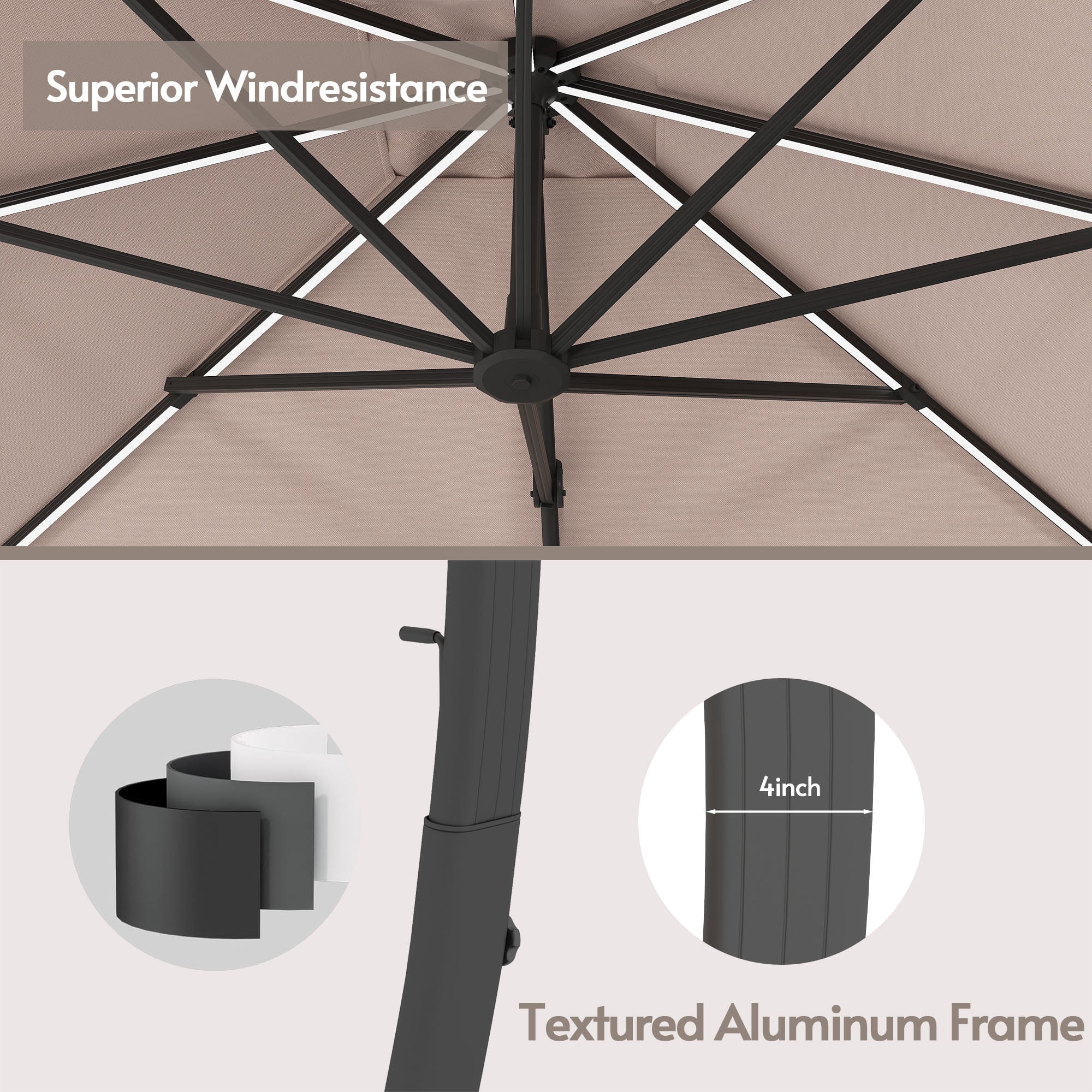 LAZZO 11ft Outdoor Patio Umbrella with Base and Light, All-Aluminum Offset Cantilever Umbrella for Pool & Backyard, Champagne