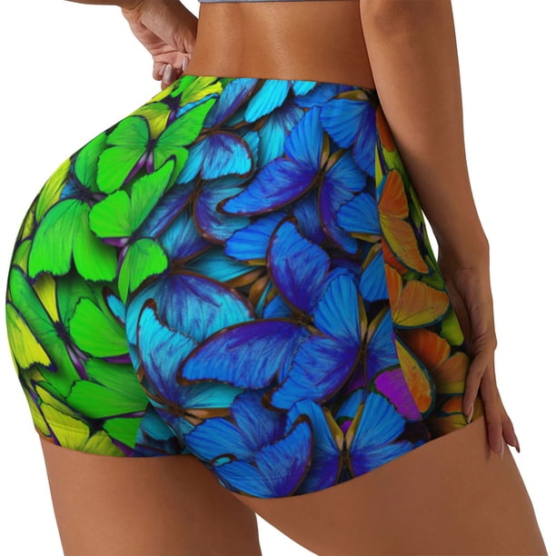 Fotbe Multicolored Butterflies Shorts Sin Costuras – Shorts Deportivos de Cintura Alta para Mujer, Elásticos para Gimnasio, Yoga, Running o Ciclismo-Small