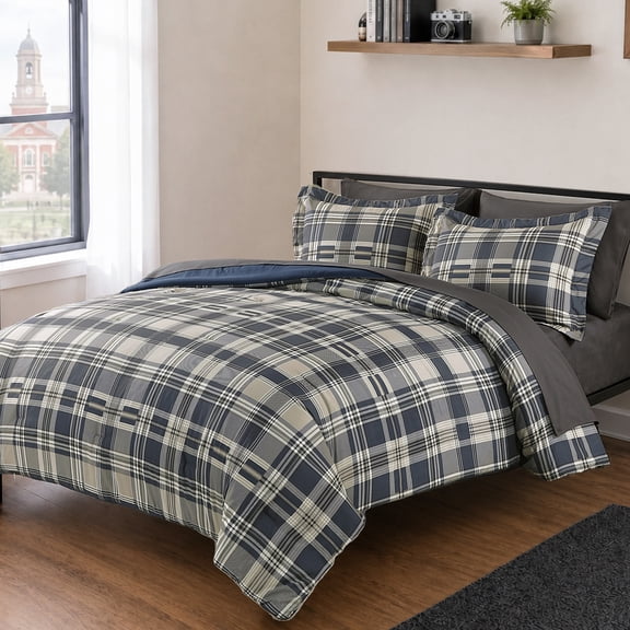 Catami Plaid Design 7-piece Bed in a Bag Comforter Set with Sheets,Navy,Queen