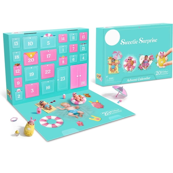 Sweetie Advent Calendar Mini Baby Countdown Calendar, 24 Daily Reveal Windows with Exclusive Baby Dolls, Outfits, Feeding Items & Sunglasses, Nurturing Play, Holiday Gift