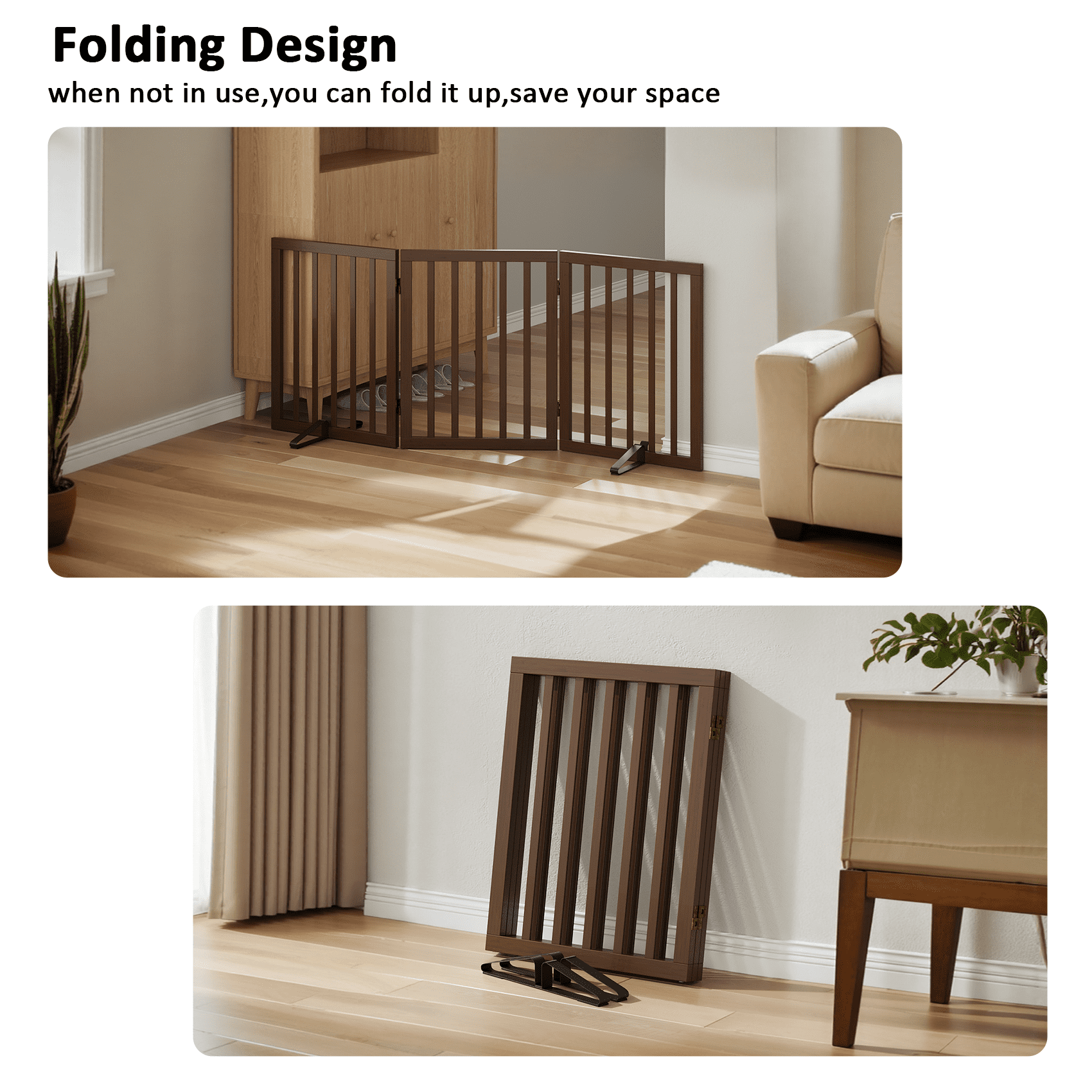 Smart FENDEE Bamboo Dog Gate Freestanding 3 Panel Pet Gate for Doorways, 2 Support Feet, Espresso