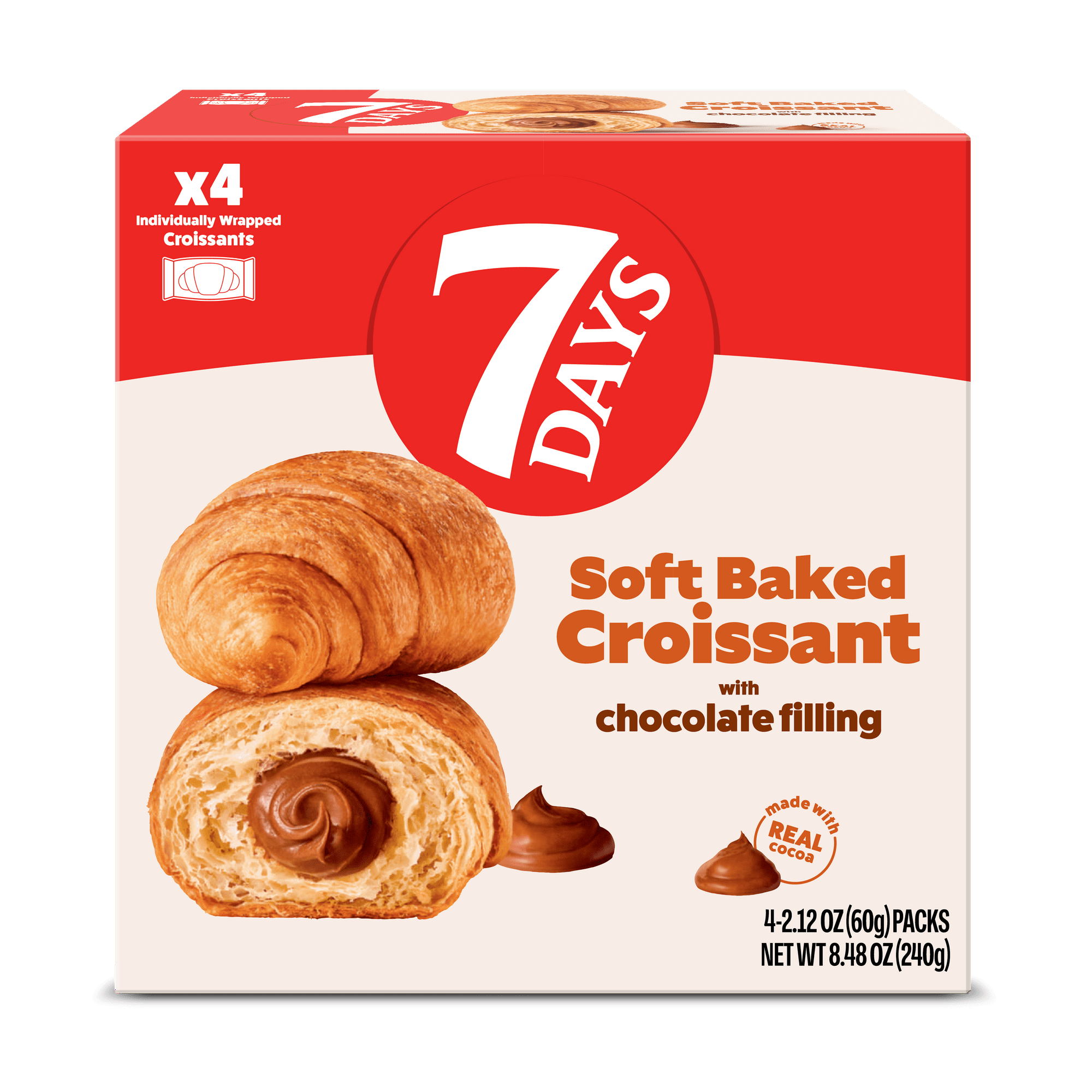 7Days Soft Croissant, Chocolate Croissant (4 Pack), On The Go Breakfast Pastry, Individually Wrapped (2.12oz, Pack of 4)