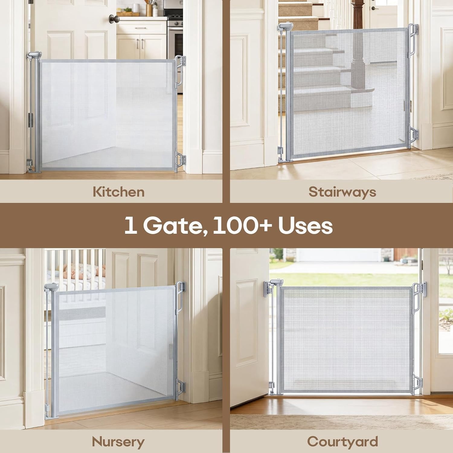 Retractable Safety Baby Gate or Mesh Dog Gate,Durable Portable Mesh Retractable Gate,Easy to Use for Stairs, Doorways, Hallways, Indoor, Outdoor, 33.5" Tall, Up to 45" Wide, Cream
