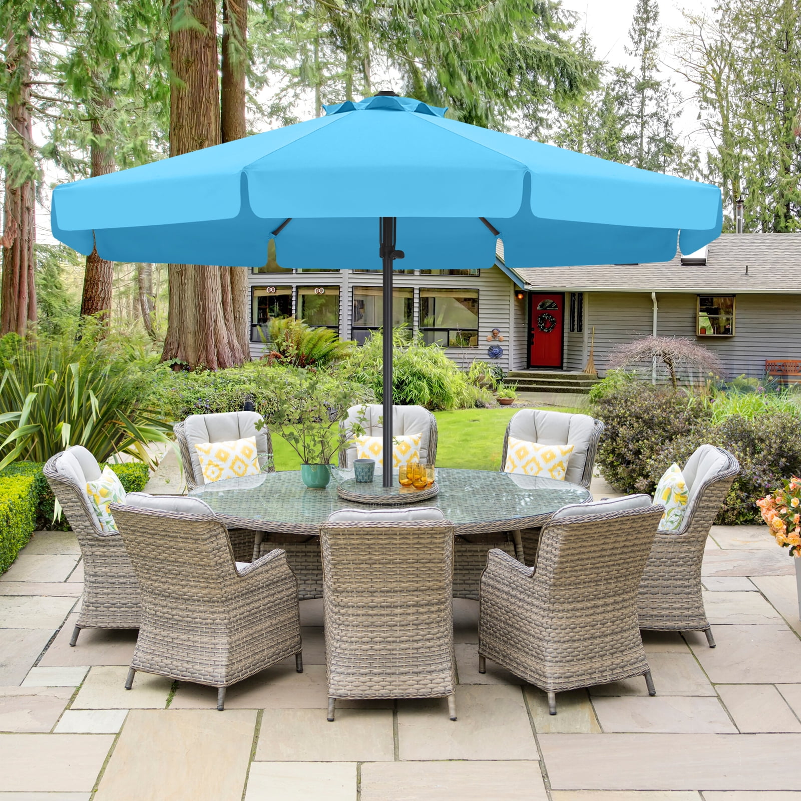 ABCCANOPY 9ft Outdoor Market Hand Push Patio Umbrella with Hanging Edge,12+Colors, Turquoise