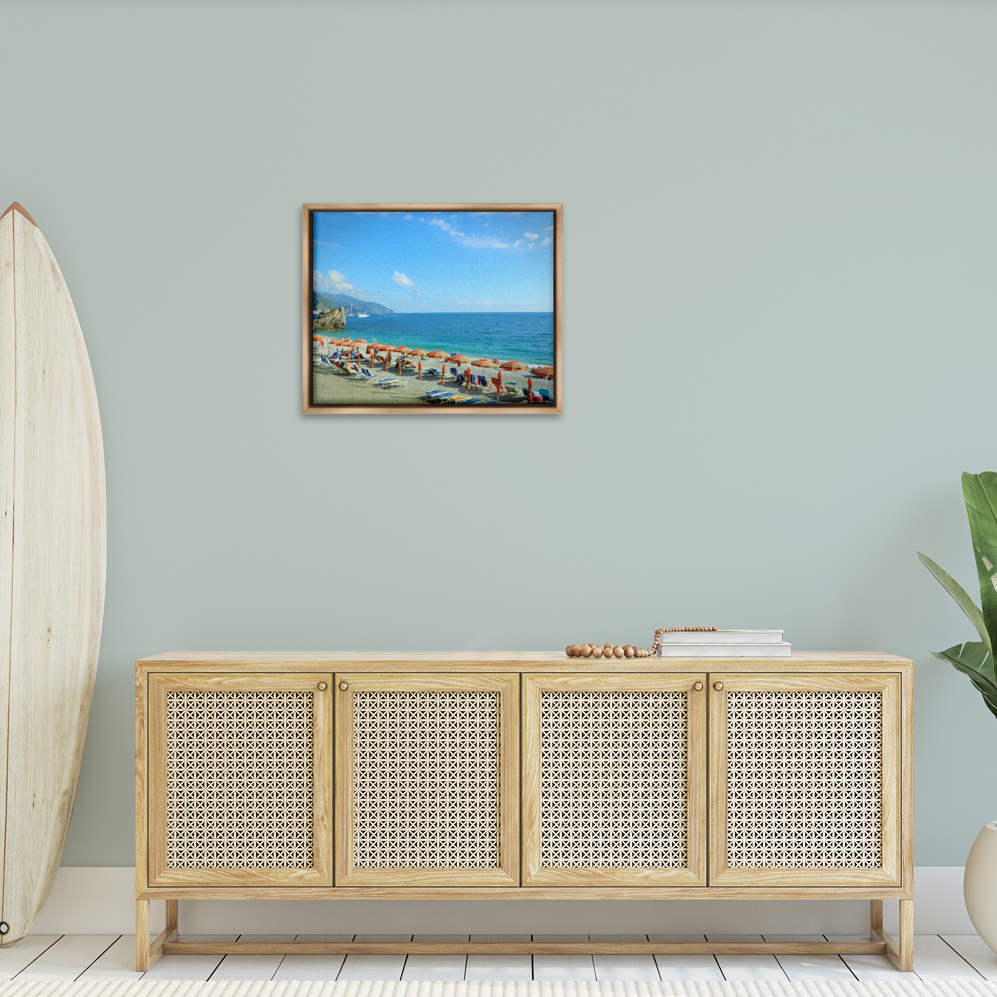 Stupell Industries Summer Beach Resort Landscape Painting Brown Floater Framed Canvas Art Print Wall Art, 31 x 25