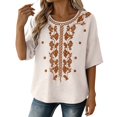 thumbnail image 5 of Vinsonshop Women's Cotton Linen Embroidered Boho Shirts Short Sleeve Crewneck Floral Blouses Casual Flowy Tunic Peasant Tops Lightweight Loose Fit Summer Everyday Outfits White L, 5 of 5