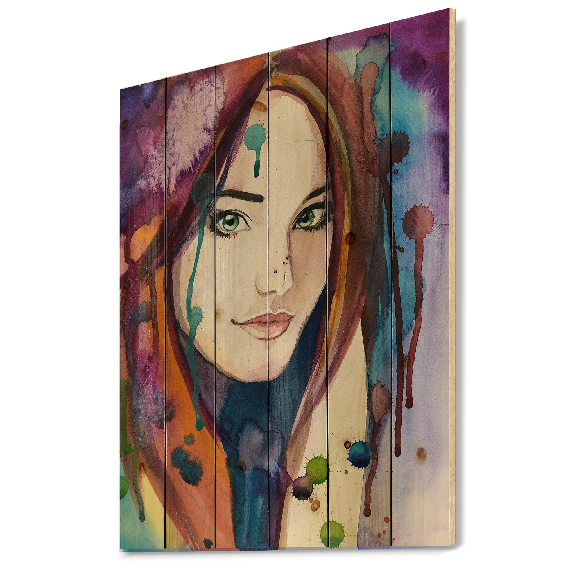 Designart 'Colorful Portrait Of Green Eyes Young Woman' Traditional Print on Natural Pine Wood