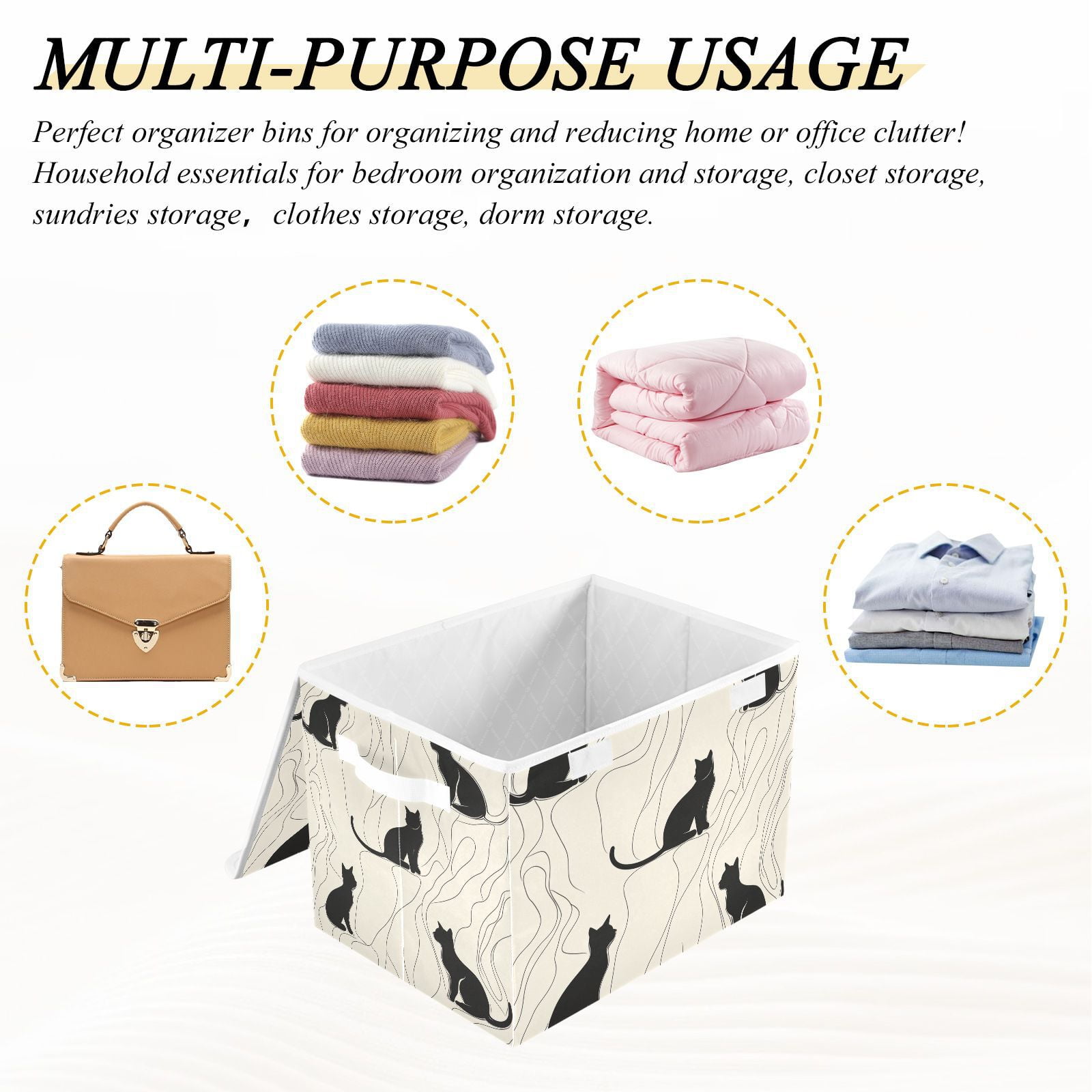 Black Cats Lines Storage Basket for Shelves Foldable Container Organizer for Organizing Toys Clothes Books with Handles