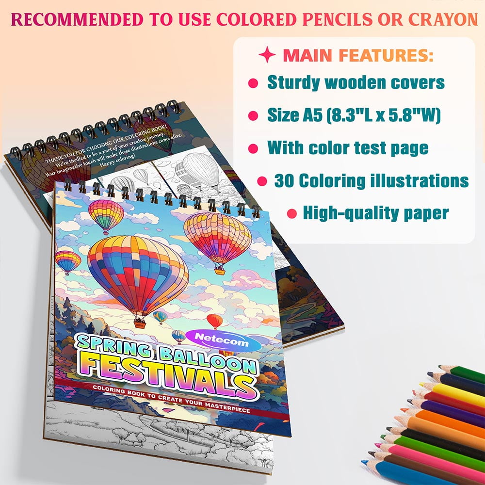 Netecom Spring Balloon Festivals Coloring Book Spiral Bound For Adults, A5 Wooden Cover, 30 Joyful Coloring Pages of Festivals in the Sky for Stress Relief and Relaxation