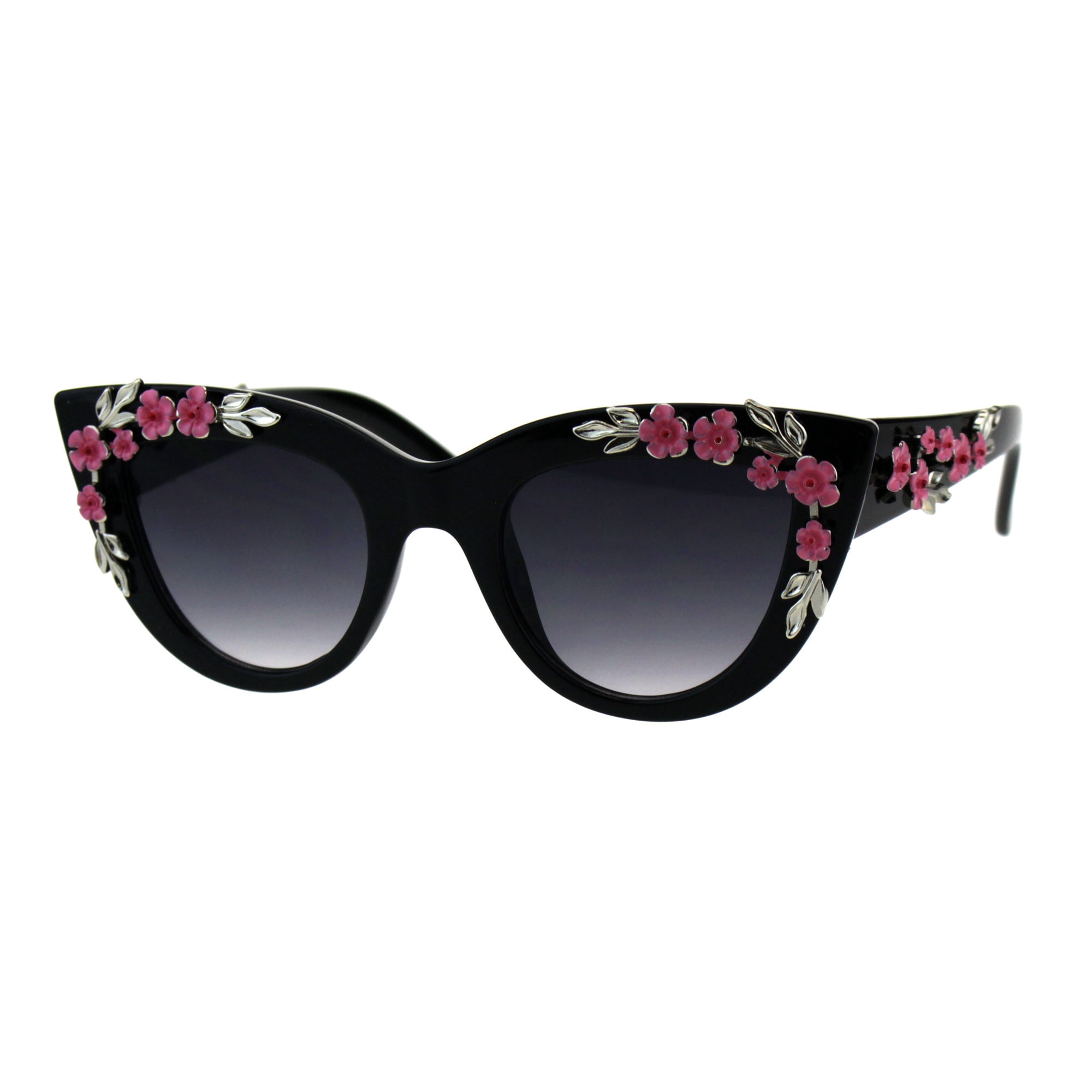 Womens Bling Metal Floral Jewel Thick Plastic Cat Eye Mod Sunglasses Black Smoke