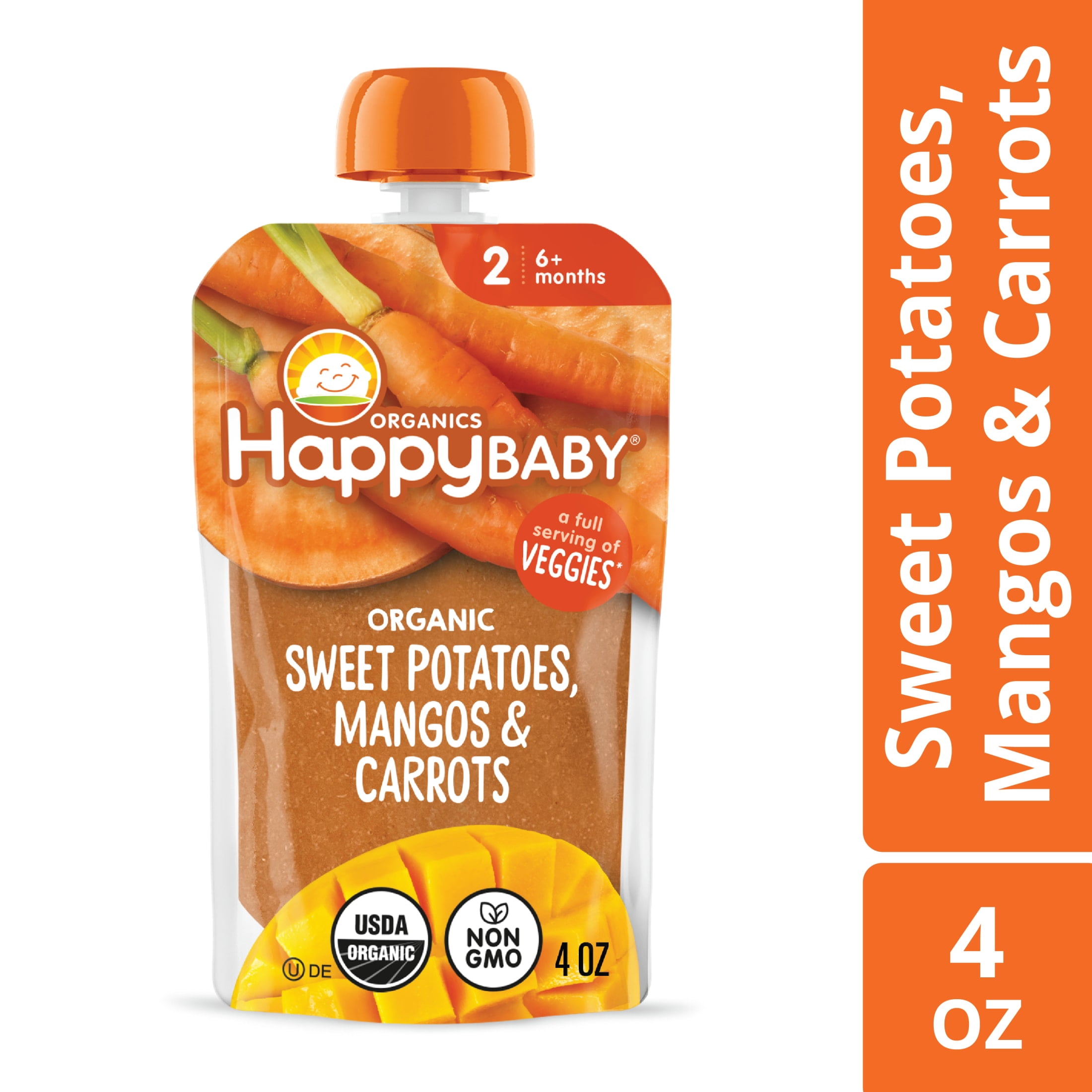 (12 pack) Happy Baby Clearly Crafted, Stage 2 Organic Baby Food, Sweet Potatoes Mangos & Carrots, 4 oz. Pouch