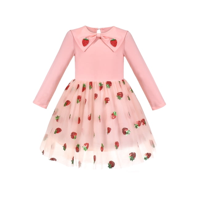 Robe Fille Rose Fraise Jupe à Sequins Applique Nœud Manches Longues 4 Ans