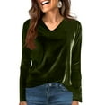 thumbnail image 2 of longantii Velvet Tops for Women Dressy Casual V Neck Shirts Loose Fit Vintage Long Sleeve Velour Blouse Solid Holiday Party Outfits Army Green L, 2 of 5