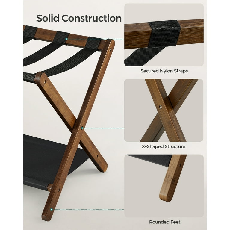 SONGMICS Bamboo Luggage Rack Set of 2 Foldable Suitcase Stand with Fabric Storage Shelf for Guest Room Hotel Bedroom Holds up to 131 lb Walnut Brown