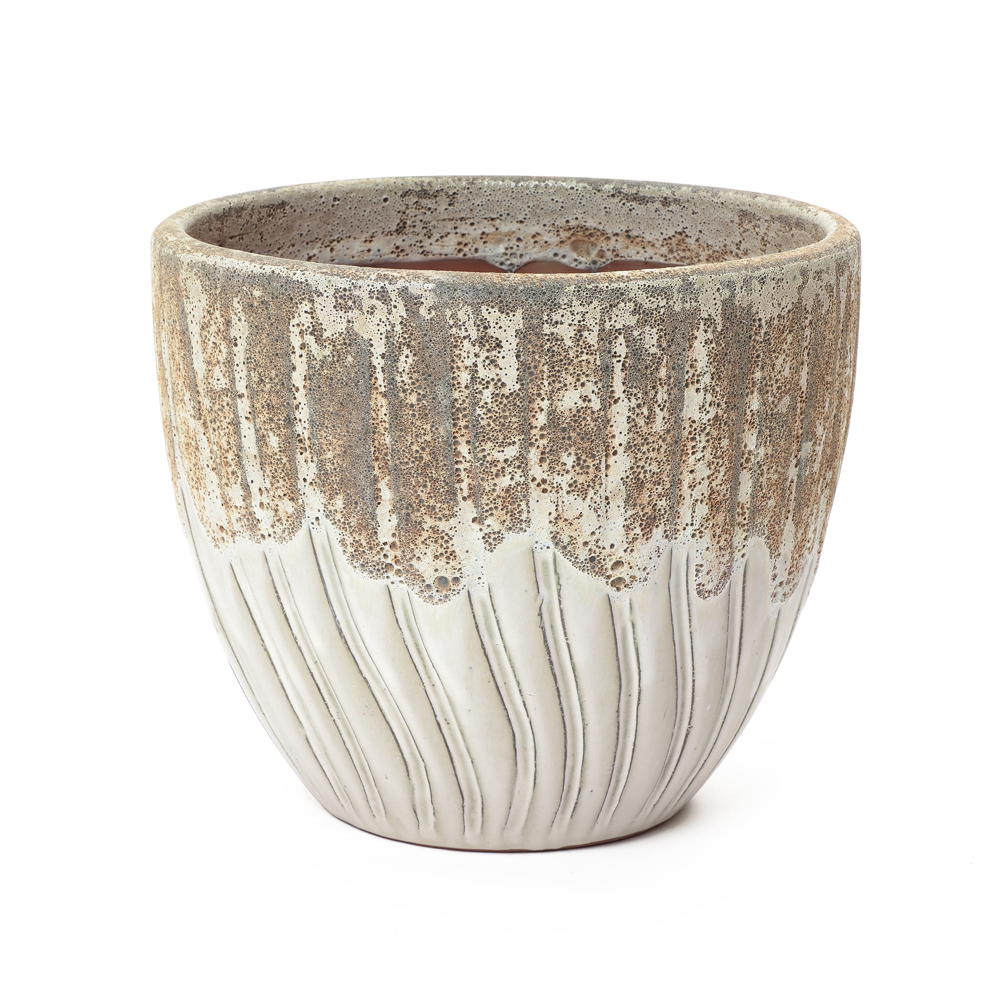 LuxenHome 14" Dia Two Tone Ivory Large Round Plant Pots, Modern Indoor Outdoor Ceramic Planter for Living Room, Garden, Patio