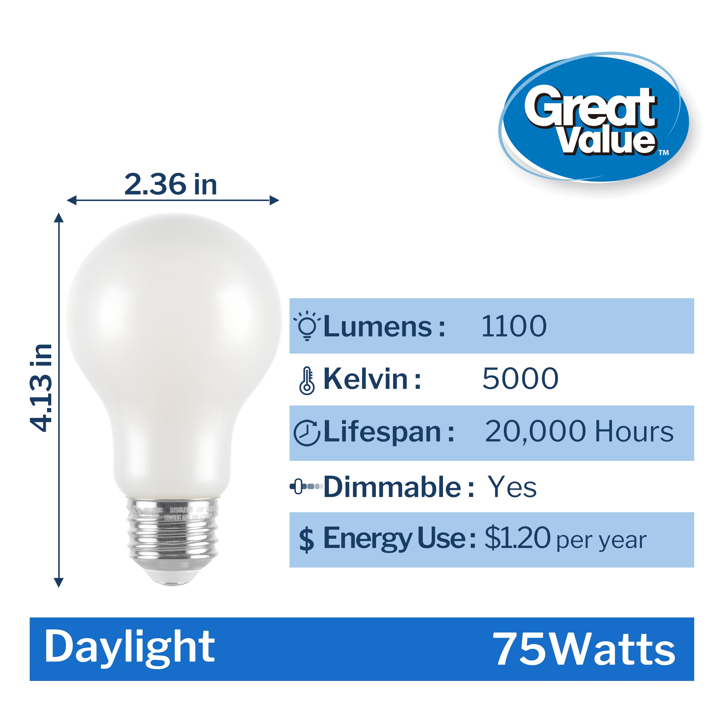 Great Value A19 LED 10W (75W Equivalent) Daylight E26 Medium Base General Purpose Light Bulbs, Dimmable, 4 Pack