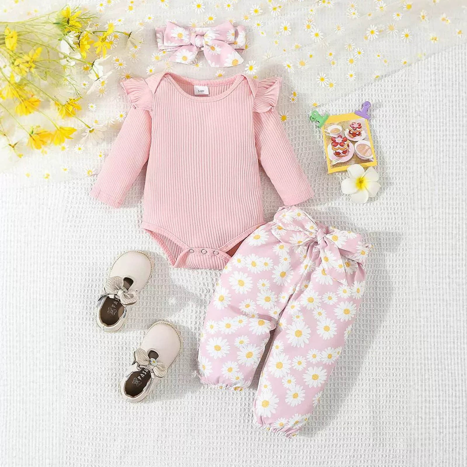 dazeni Newborn Baby Girl Clothes Cute Ribbed Long Sleeve Ruffle Romper Daisy Belted Pants 2 Piece Fall Winter Outfits Infant Clothes 0 3 6 12 18 Months