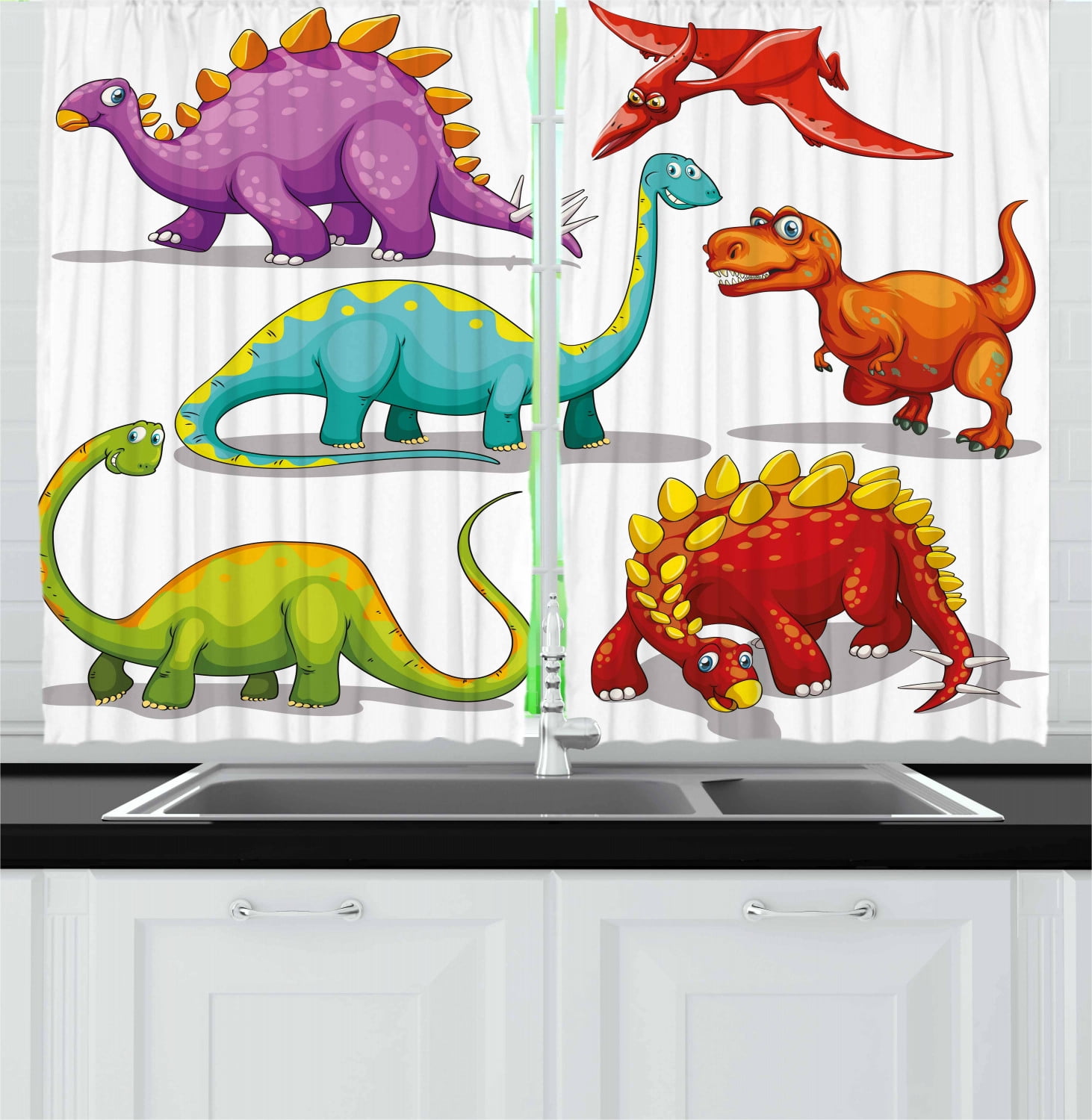 Dinosaur Curtains 2 Panels Set, Colorful Funny Different Dino
