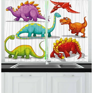 Ambesonne Dinosaur Kitchen Curtains, Friendly Fun Wildlife, 55"x39", Multicolor
