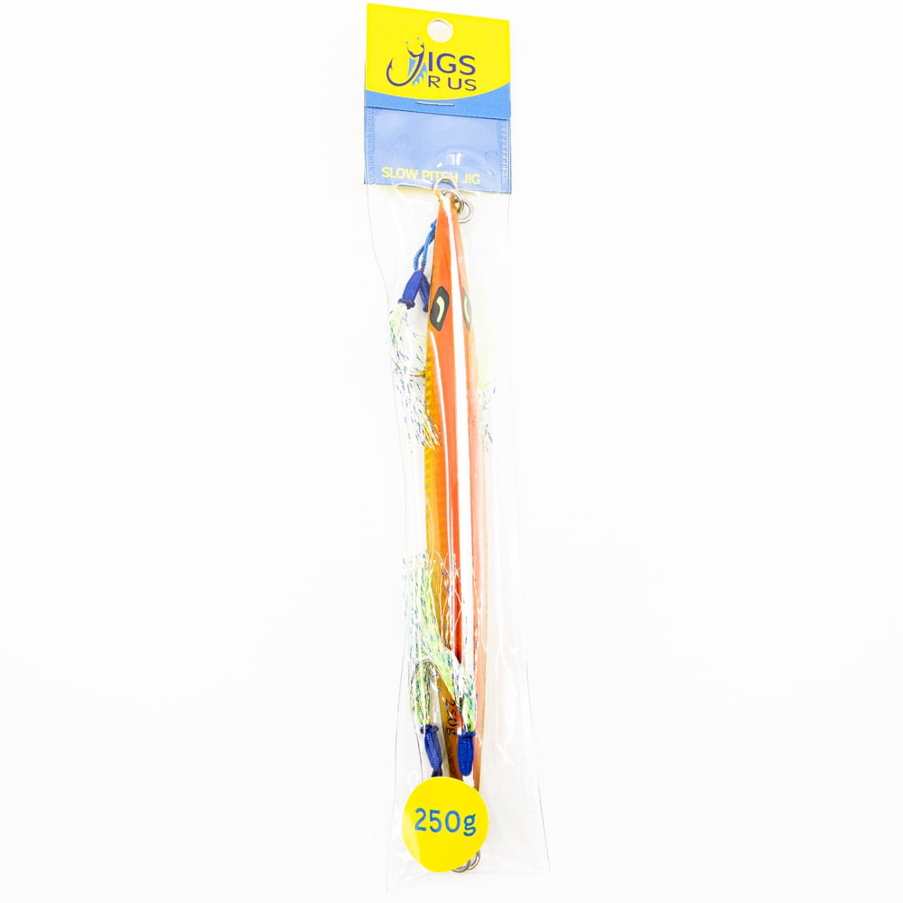 Jigs R Us Mobster Slow Pitch Jig Orange Glow 250g Rigged with Top and Bottom Dual Assist Hooks.