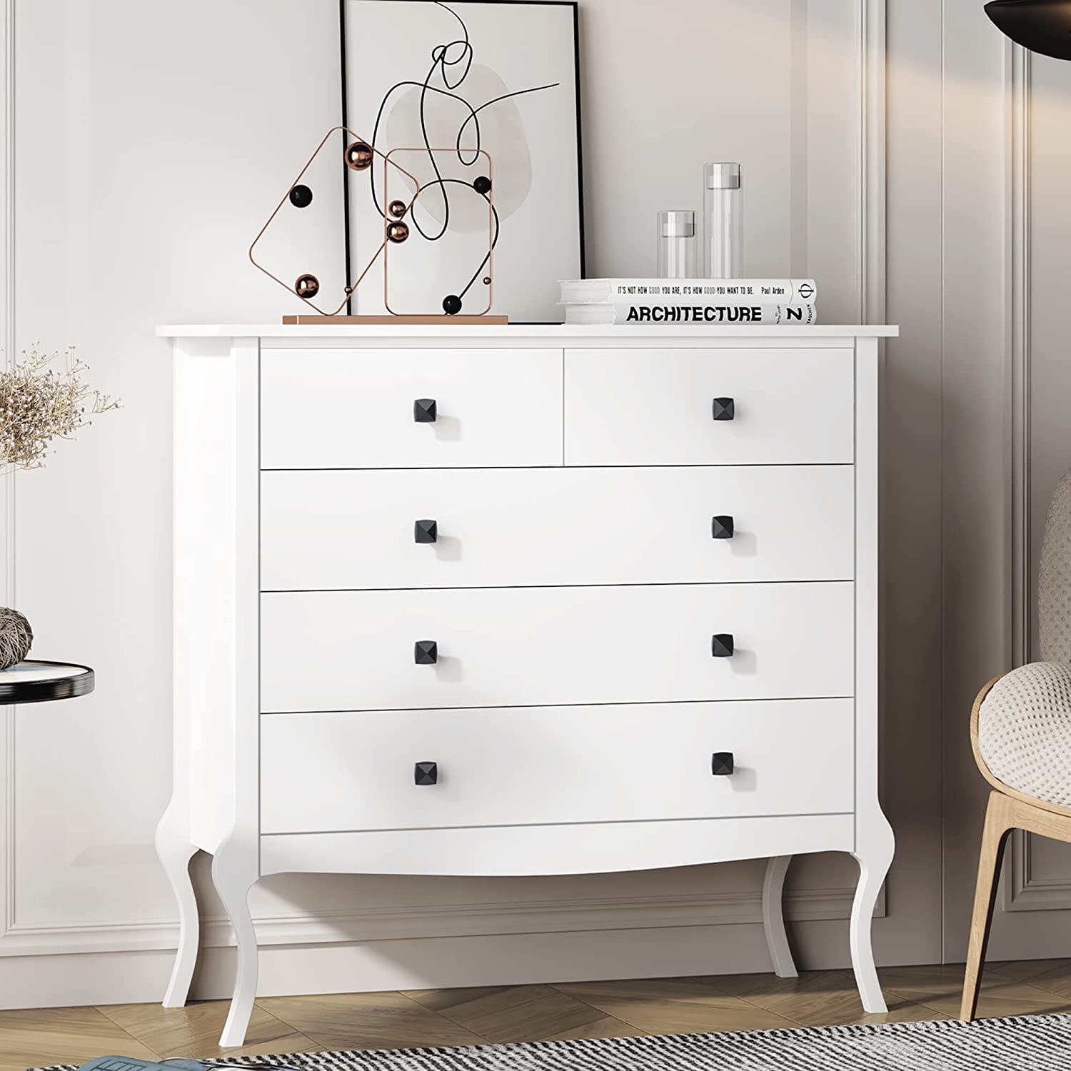 Soges White Dresser 5 Drawers Storage with Wide Drawers and Curved Legs, Wooden Chest of