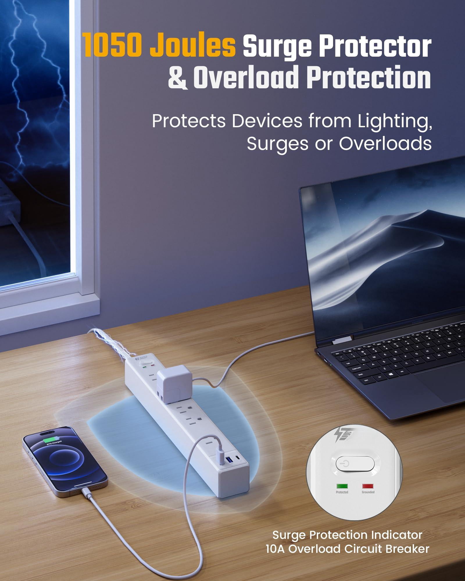 15ft Long Extension Cord  Surge Protector Power Strip With 6 Outlets & 3 Usb Ports Flat Plug Wall Mountable Desk Charging Station For Home Office College Dorm Room