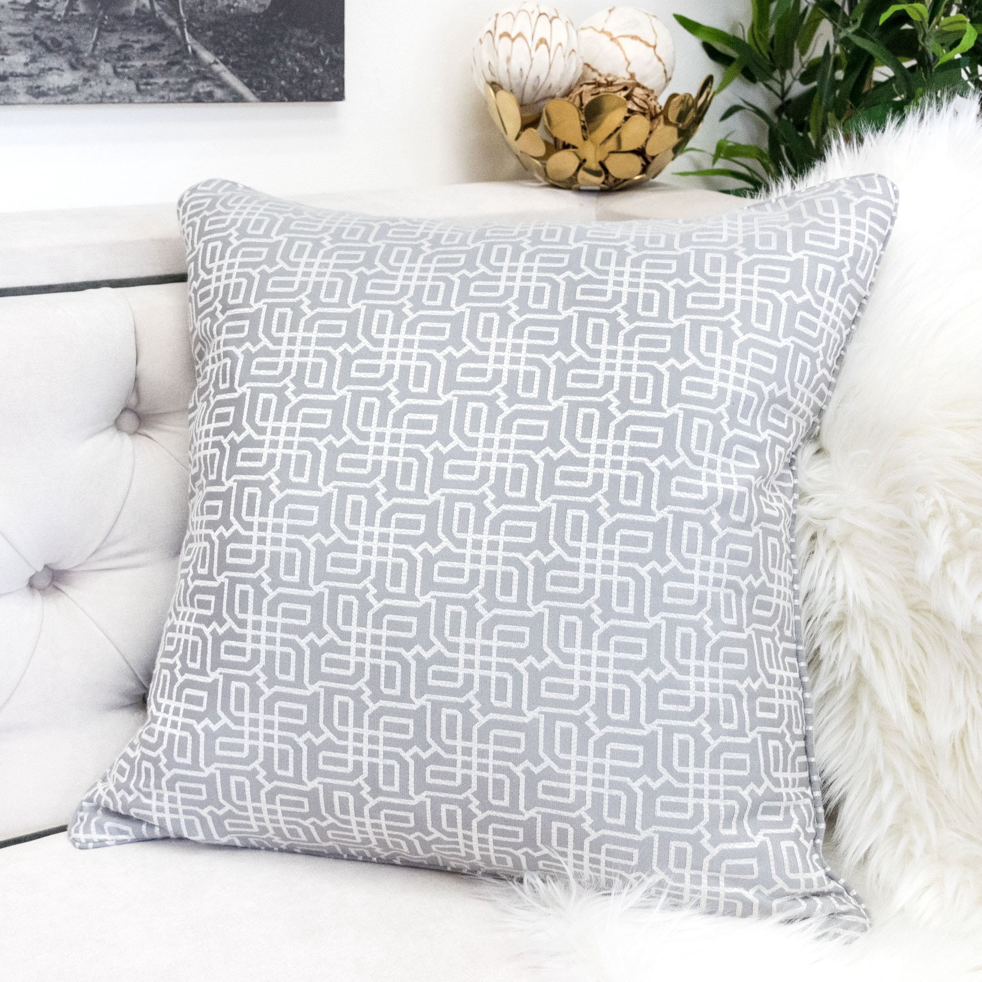 Seana Silver Geometric Polyester 20 in. x 20 in. Throw Pillow (Set of 2)
