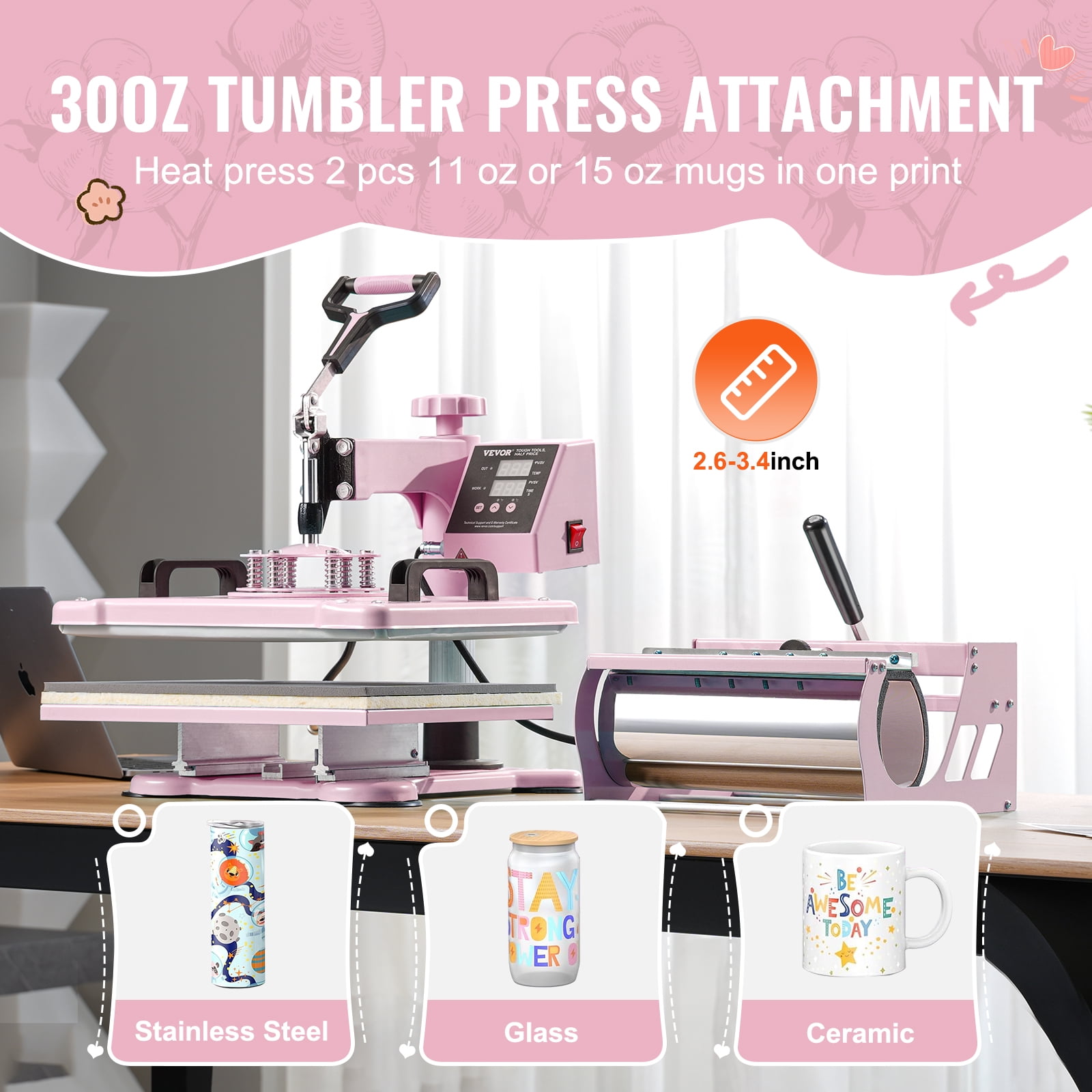 VEVOR Heat Press Machine, 12 x 15 inch, 8 in 1 Heat Transfer Machine with 6-30 oz Tumbler Press, 360° Swing Away T-Shirt Pressing, Digital Precise Control, for T-Shirts/Mugs/Hats/Plates, Pink