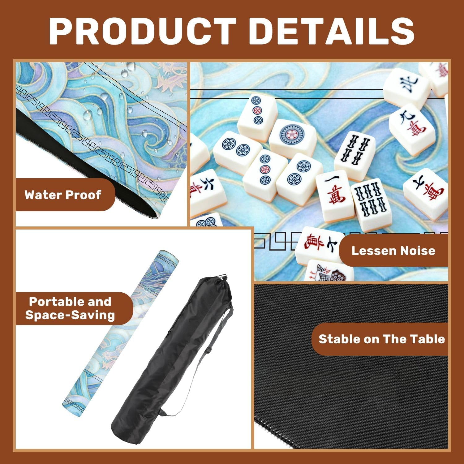 Mahjong Mat for Table Sea Waves Dragons Magic Seamless Watercolor Hand Drawn Blue Teal 31.5" x 31.5" Non-Slip Noise-Reducing Game Mat Premium Mahjong Accessories for Poker Dominoes Board Games