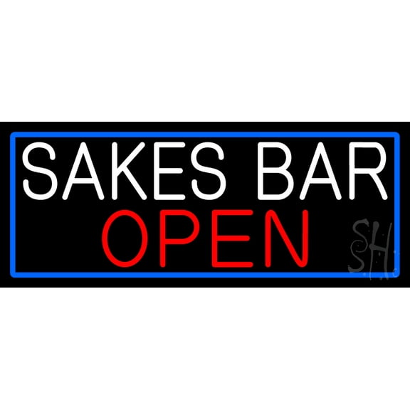Sakes Bar Open With Blue Border LED Neon Sign 13 x 32 - inches, Clear Edge Cut Acrylic Backing, with Dimmer - Bright and Premium built indoor LED Neon Sign for Bar decor.