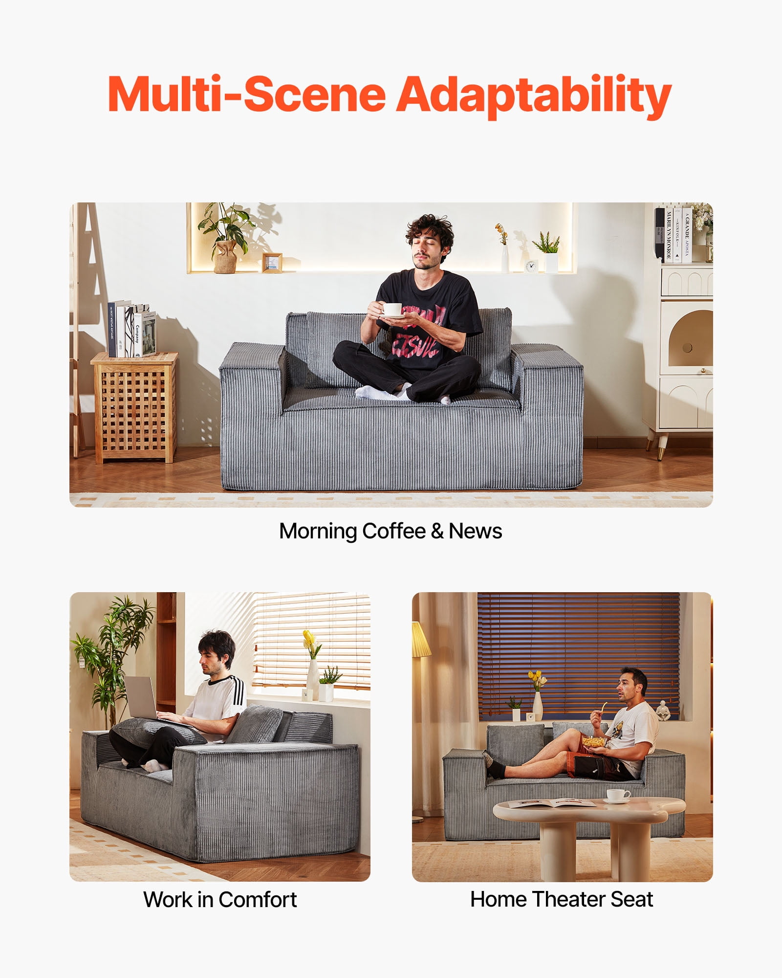 VEVOR Loveseat Sofa, 63-Inch 2-Seats Couch for Living Room, Modern Small Corduroy Couch with Pocket Springs, Soft Cushions,Comfy Loveseat for Bedroom, Office or Apartment, No Assembly Required, Gray