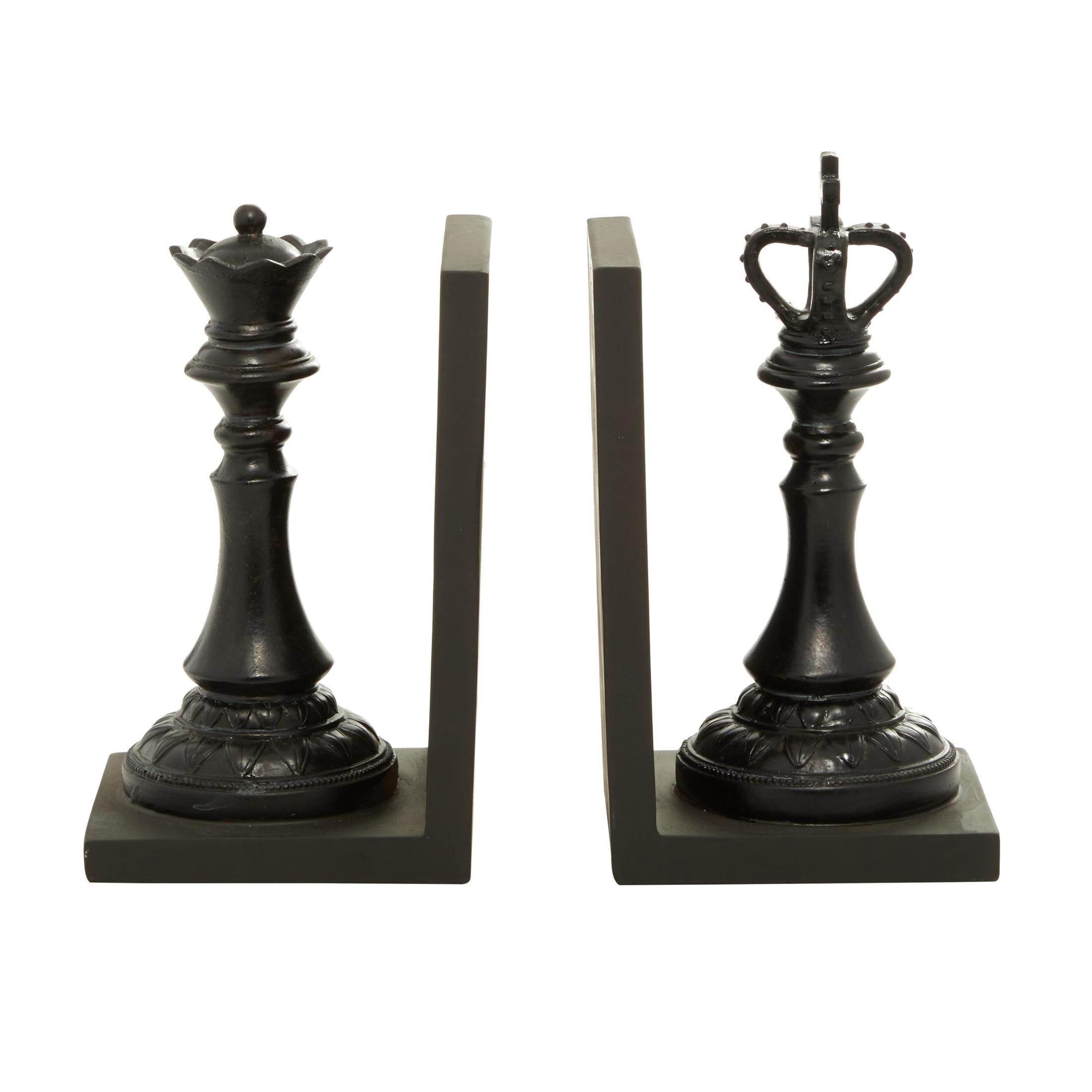 DecMode 5" Chess Black Polystone Bookends with King and Queen (Set of 2)