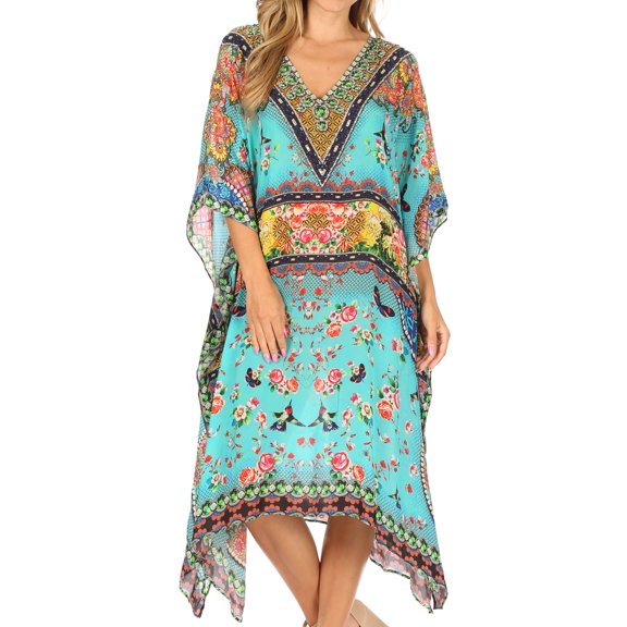 Sakkas Miui Ligthweight Rhinestone V Neck Printed Short Caftan Dress / Cover Up - Turquoise Multi - One Size