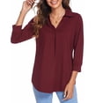 thumbnail image 2 of Blusa holgada con pliegues color burdeos para uso diario y laboral, talla L, blusa informal con escote en V, 2 of 6