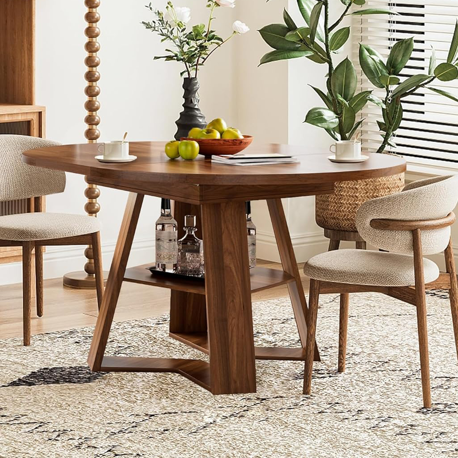 Extendable Round Dining Table for 4-6, Modern Kitchen Oval Dining Table with Removable Leaves for Living Room, Walnut