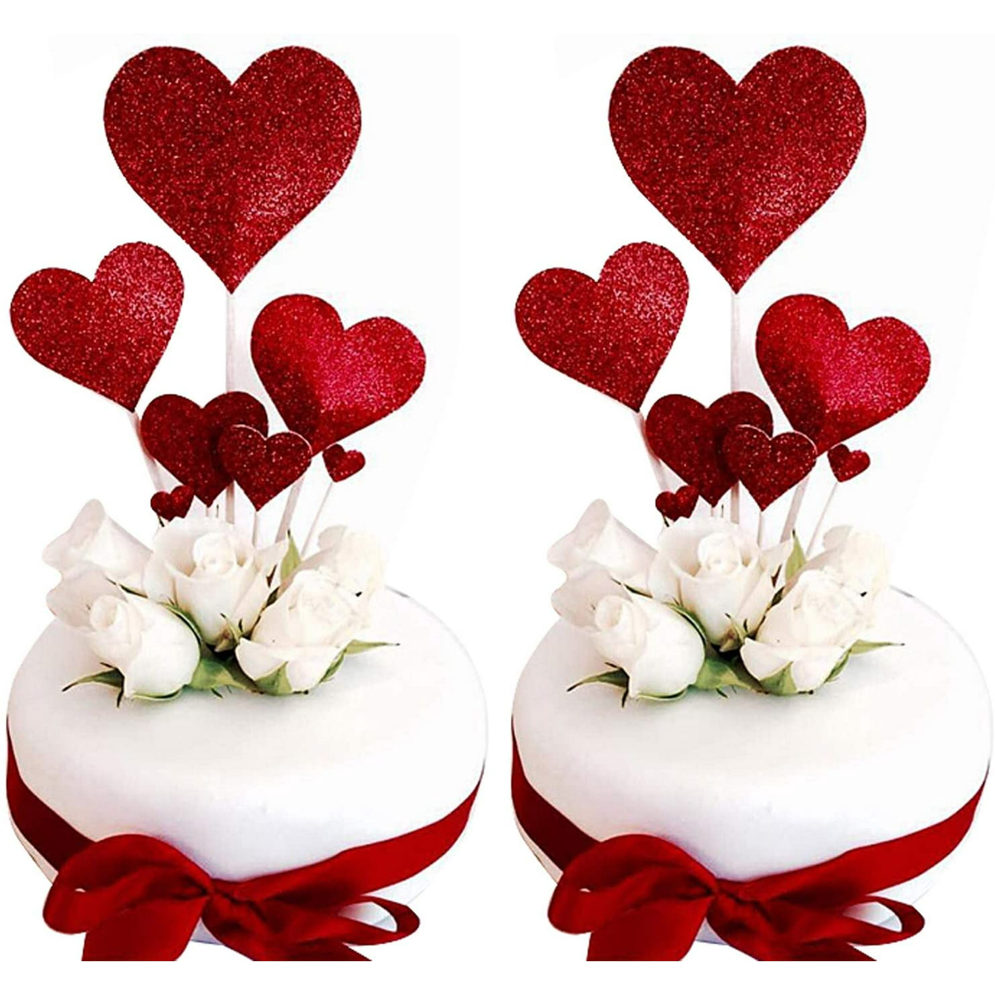 2 Kits Valentines Day Cake Topper Glitter Red Heart Cupcake Topper ...