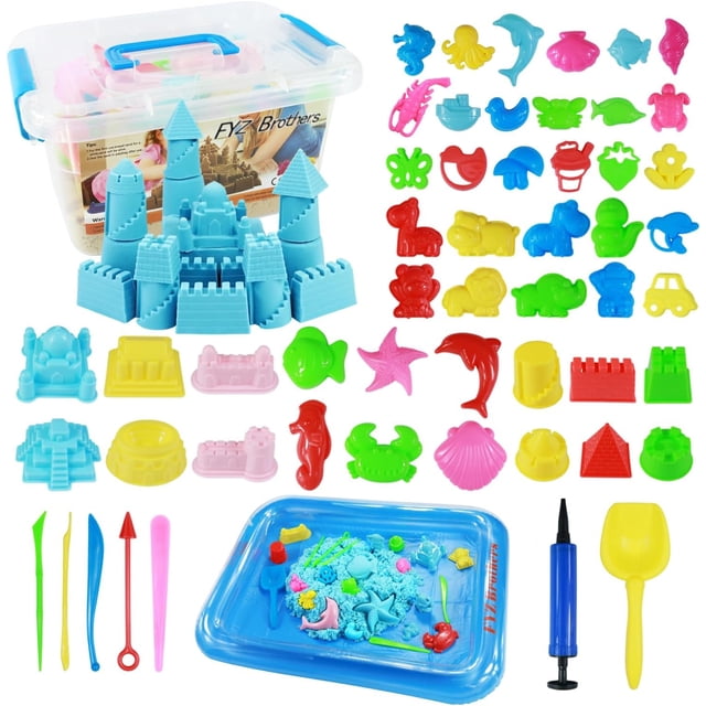 Kit de arena, juego de juguetes de caja de arena de 54 piezas para niños y niñas, arena beige mágica de 3 libras, herramientas de molde, bandeja inflable, caja de almacenamiento, divertido regalo de c