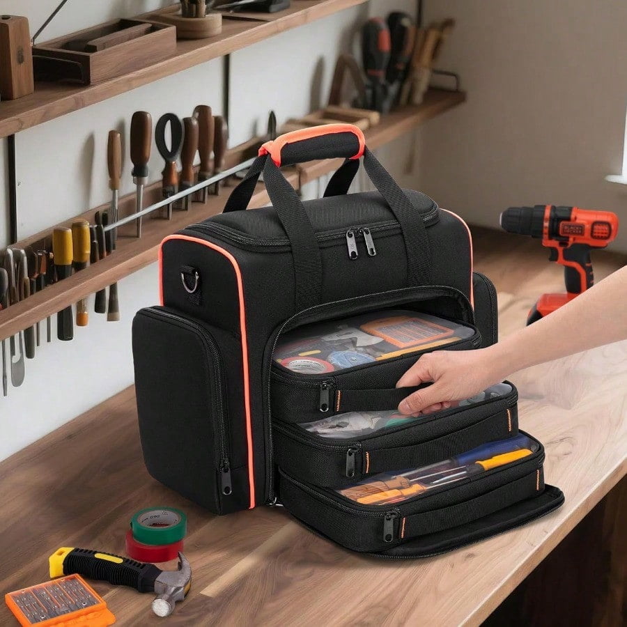 Tool Bag with 3 Removable Cases 2 Layers Tool Tote for Hand Tools Black with Red Binding