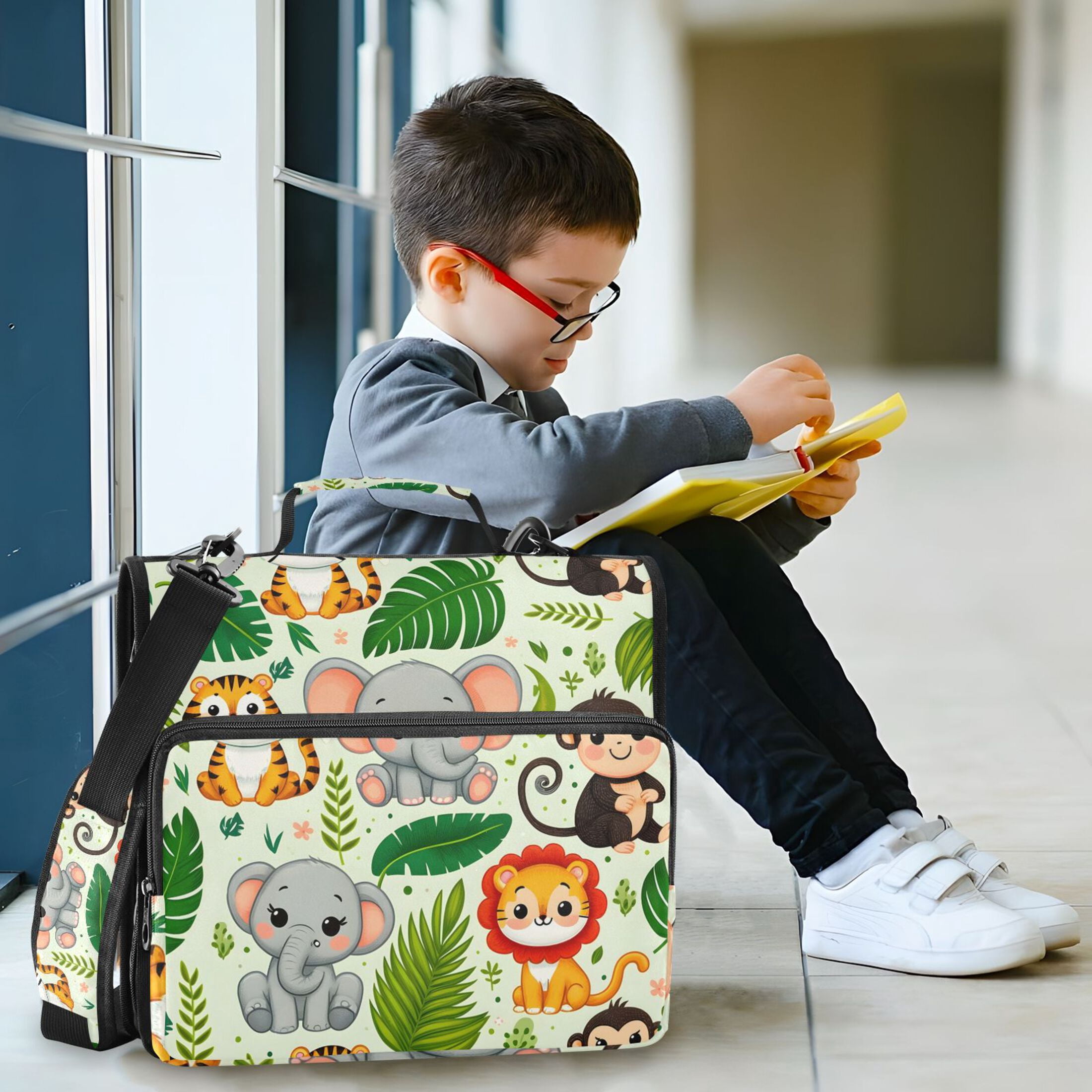 3 Ring Zipper Binder with Shoulder Strap Waterproof Trapper Keeper 2 Inch D-Ring 500 Sheets Capacity Cute Lion Tiger Monkey Elephants