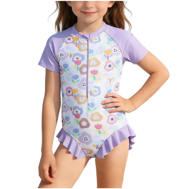 Girls One Piece Swimsuit, Toddler Swimsuit with Ruffles, Long Sleeve Rashguard Toddler, Half Zip Romper for Summer, Kids Bathing Suit with Ruffle Shorts for Beach Pool