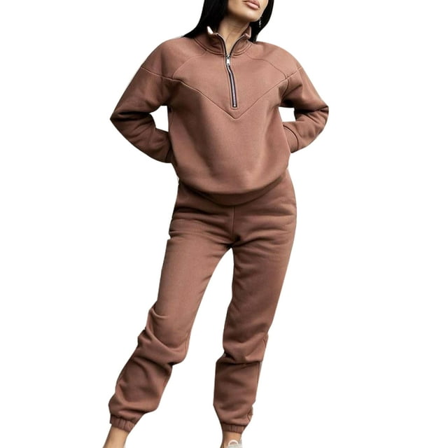 Innerwin Tracksuit Set Long Sleeve Womens Lounge Sets Exercise Solid Warm Two Piece Outfit Coffee S