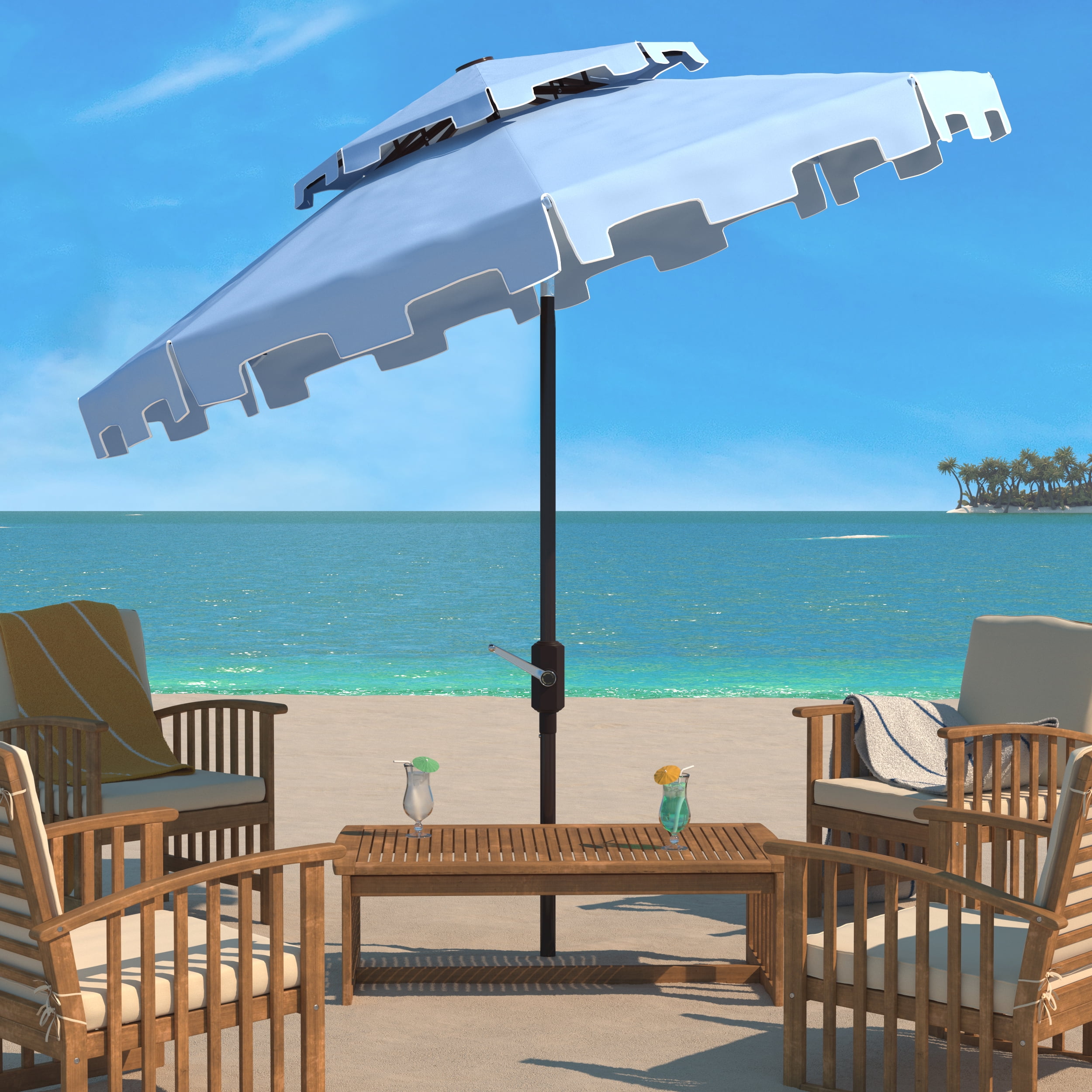 SAFAVIEH Zimmerman 9' Market Double Top Patio Umbrella, Baby Blue/White